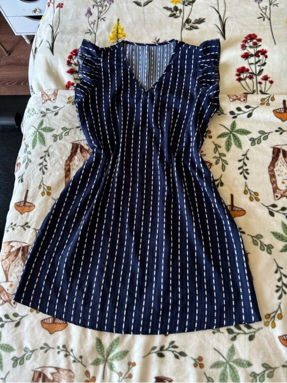 Navy Striped V-Neck Flutter Sleeve Mini Dress